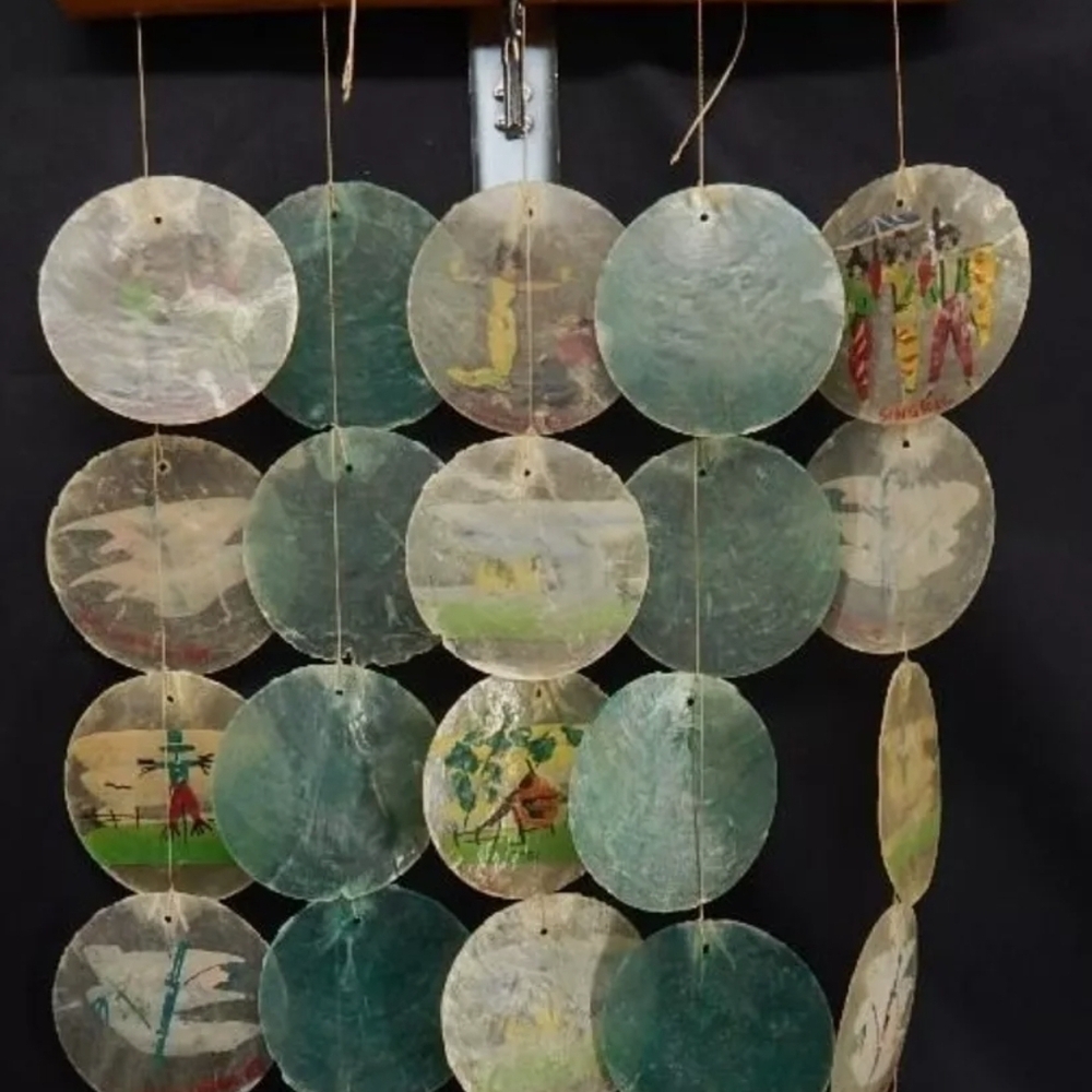 Handpainted Capiz Shell Windchimes White & Seafoam Green Phillipine Artistry